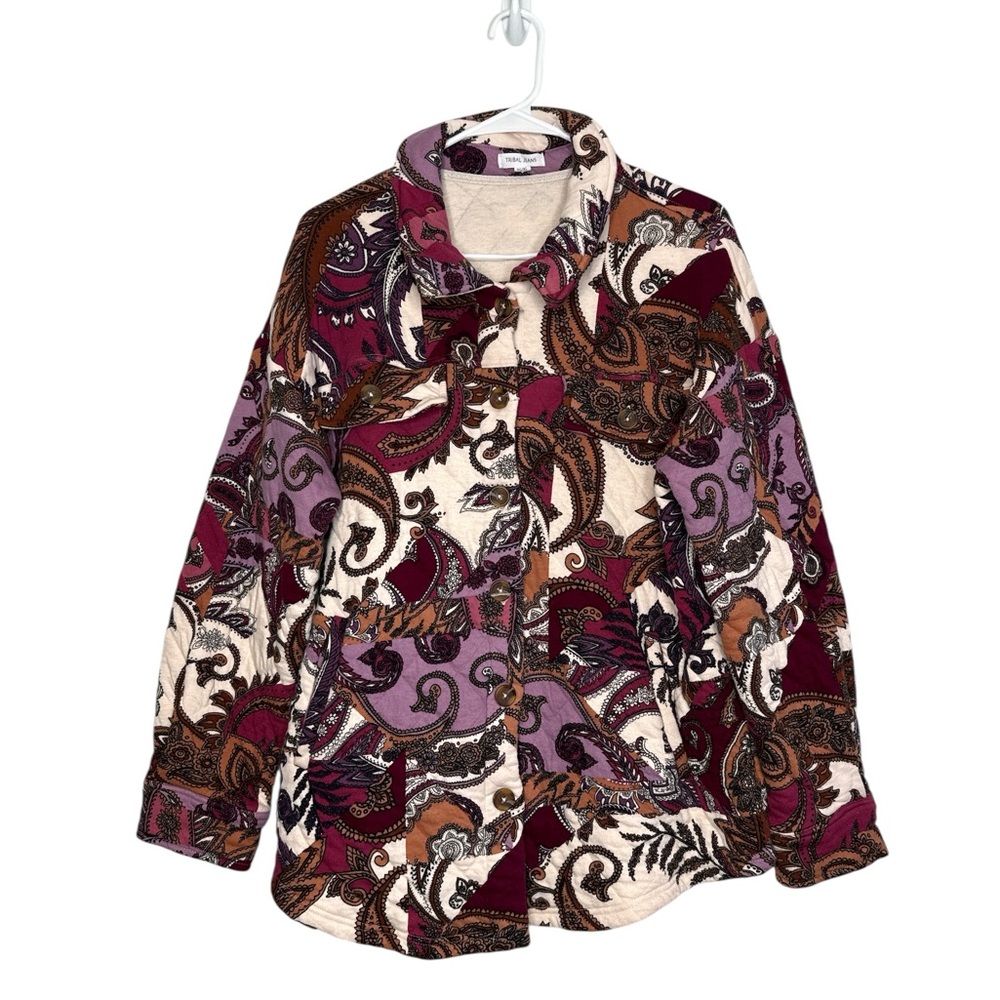 Tribal Jeans Women's Printed Quilted Shacket Paisley Pink Purple XL